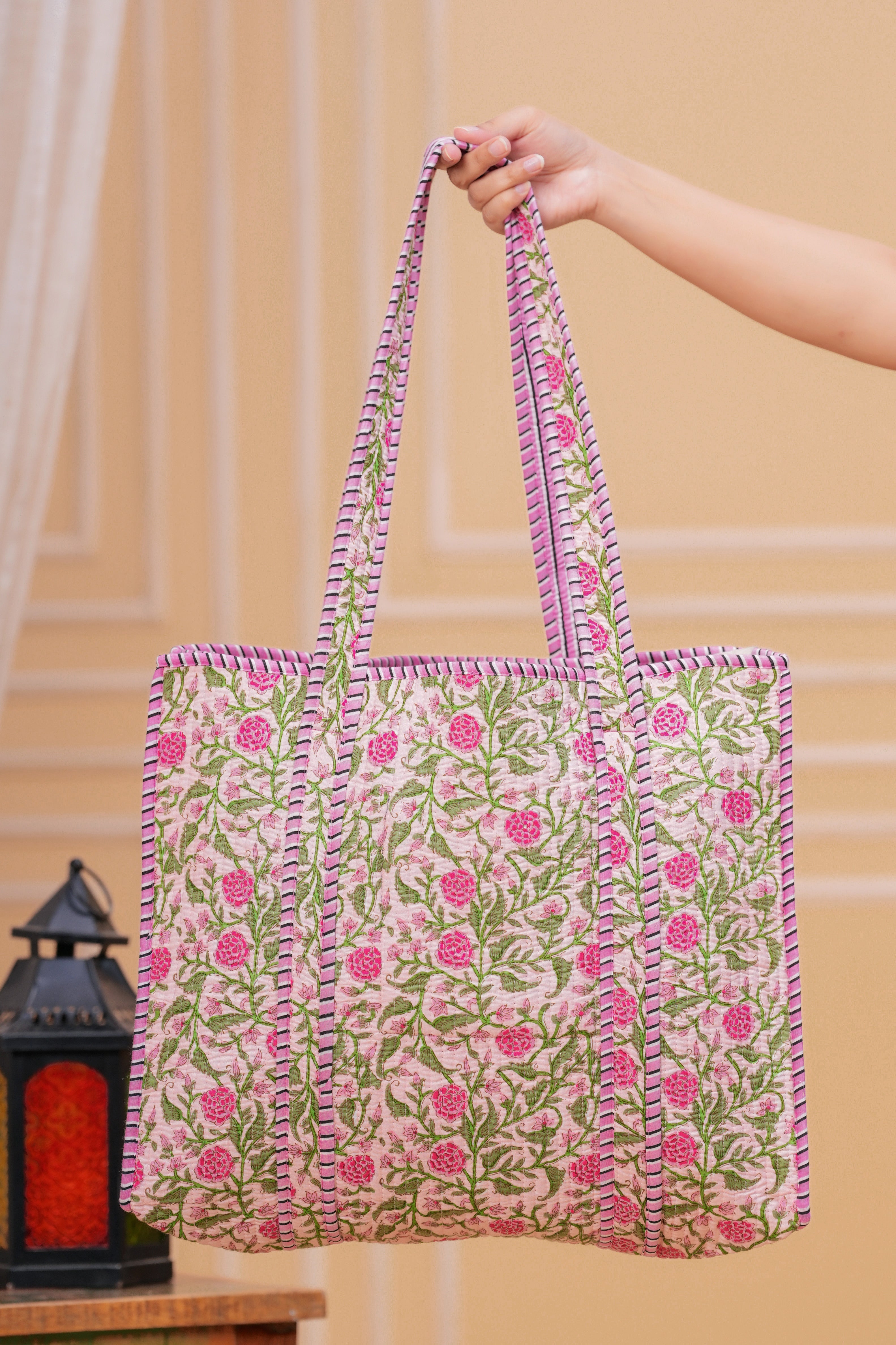 Handprinted Light Pink Floral Quilted Cotton Tote Bags